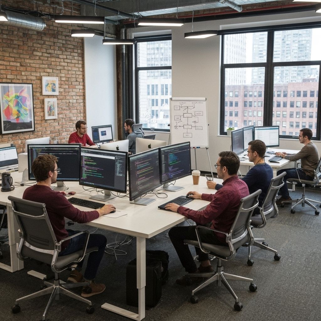 Modern technology workspace with developers collaborating